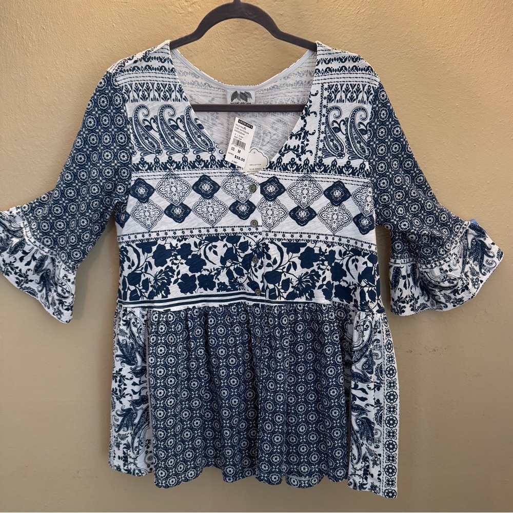 Blue and White Patterned Women's Top